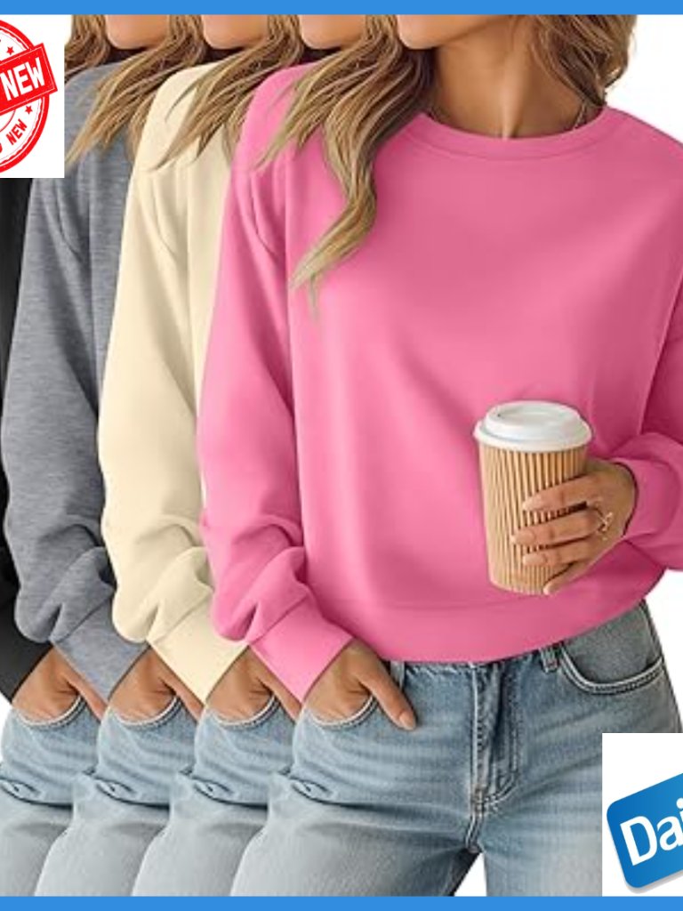 4 Pack Long Sleeve Cropped Sweatshirts Crew Neck Loose Fit Pullover Tops